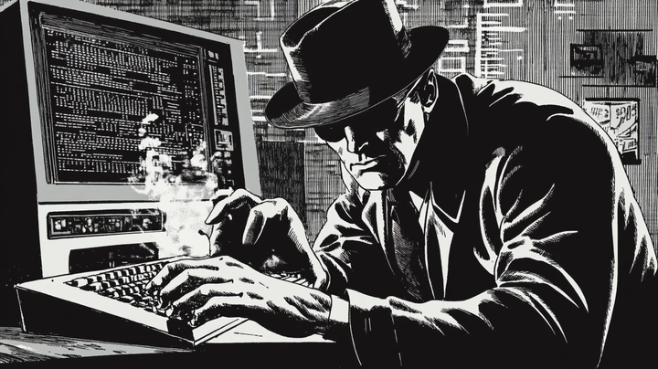 Comic book image of a thief stealing data from a computer in the style of digital marketing strategist iampaulio